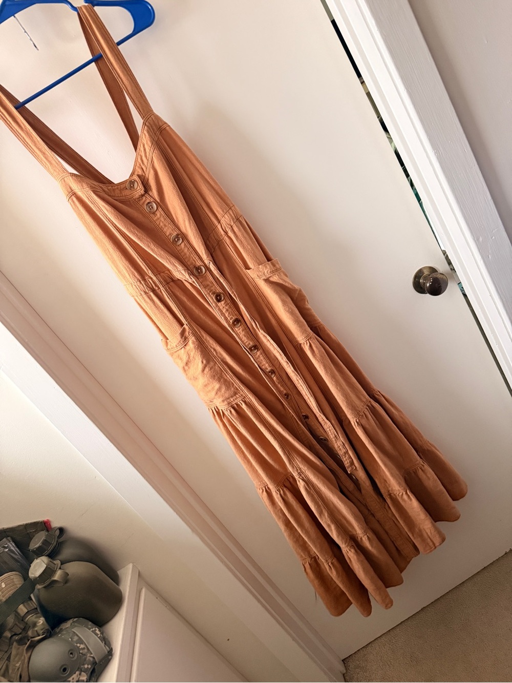 Free People Catch The Breeze Woven Linen-Blend Button-Down Tan Maxi Dress S - Picture 8 of 13
